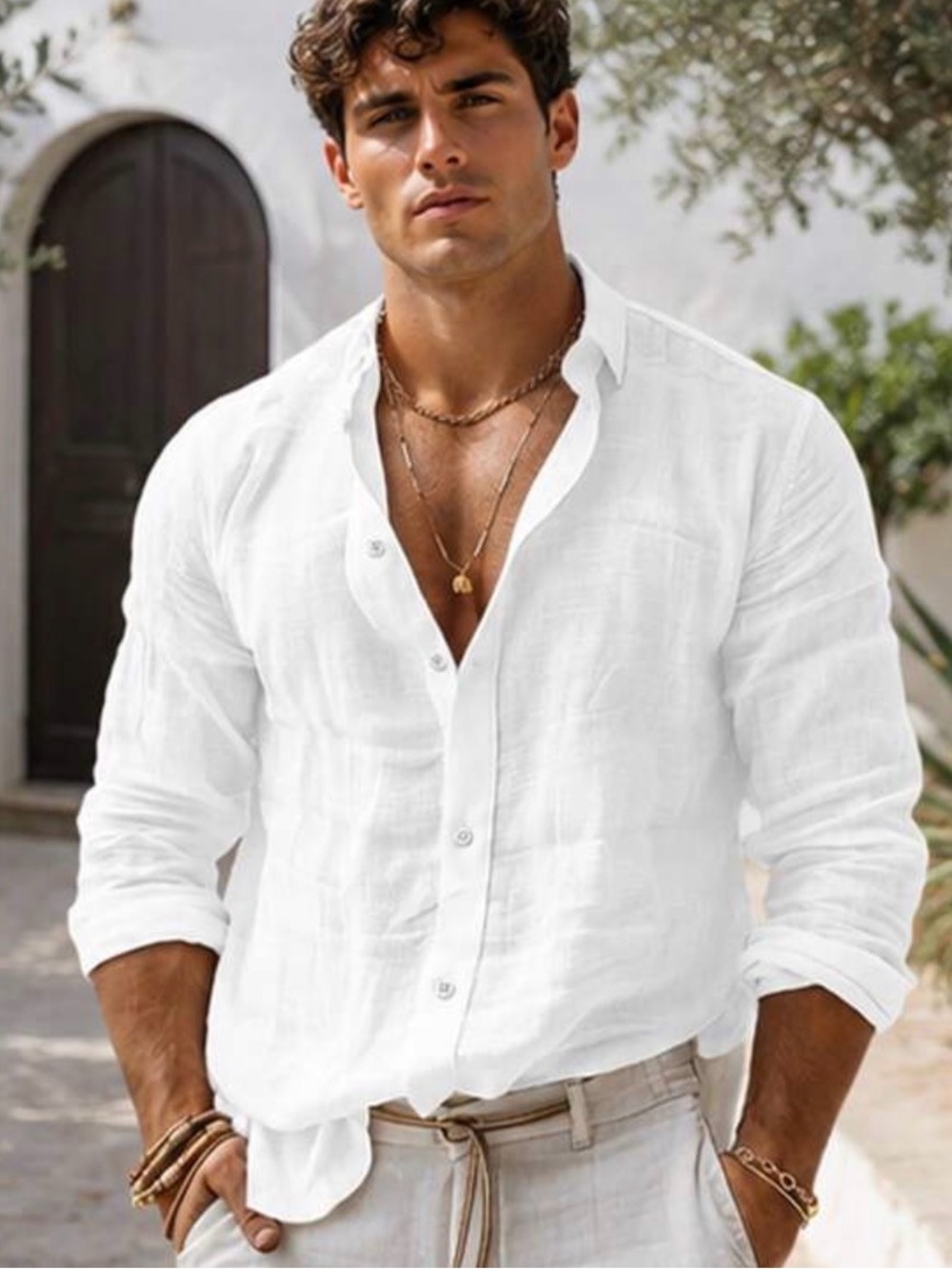 SHEIN Men's White Linen Casual Button-Down Shirt